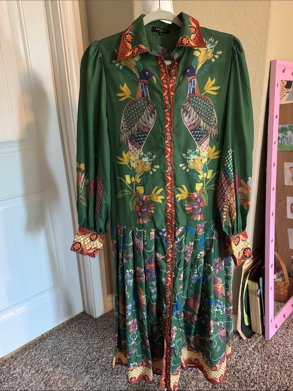 NWOT Beulah Green Button-Front Dress Bird Floral Motif SZ M pit2pit 19” 48” - Picture 2 of 10